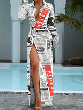 Vestido camisero de manga larga con solapa estampada y falda larga